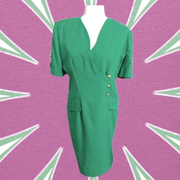 VTG Caron Petite blazer dress sz S/M vintage faux wrap gold button midi sheath - Picture 5 of 5